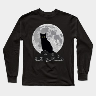 full moon and a black cat on a dark cloud Long Sleeve T-Shirt